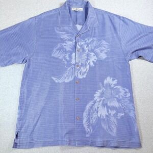 Tommy Bahama Mens Silk Button Down Shirt Blue Hibiscus‎ Floral Print Size L